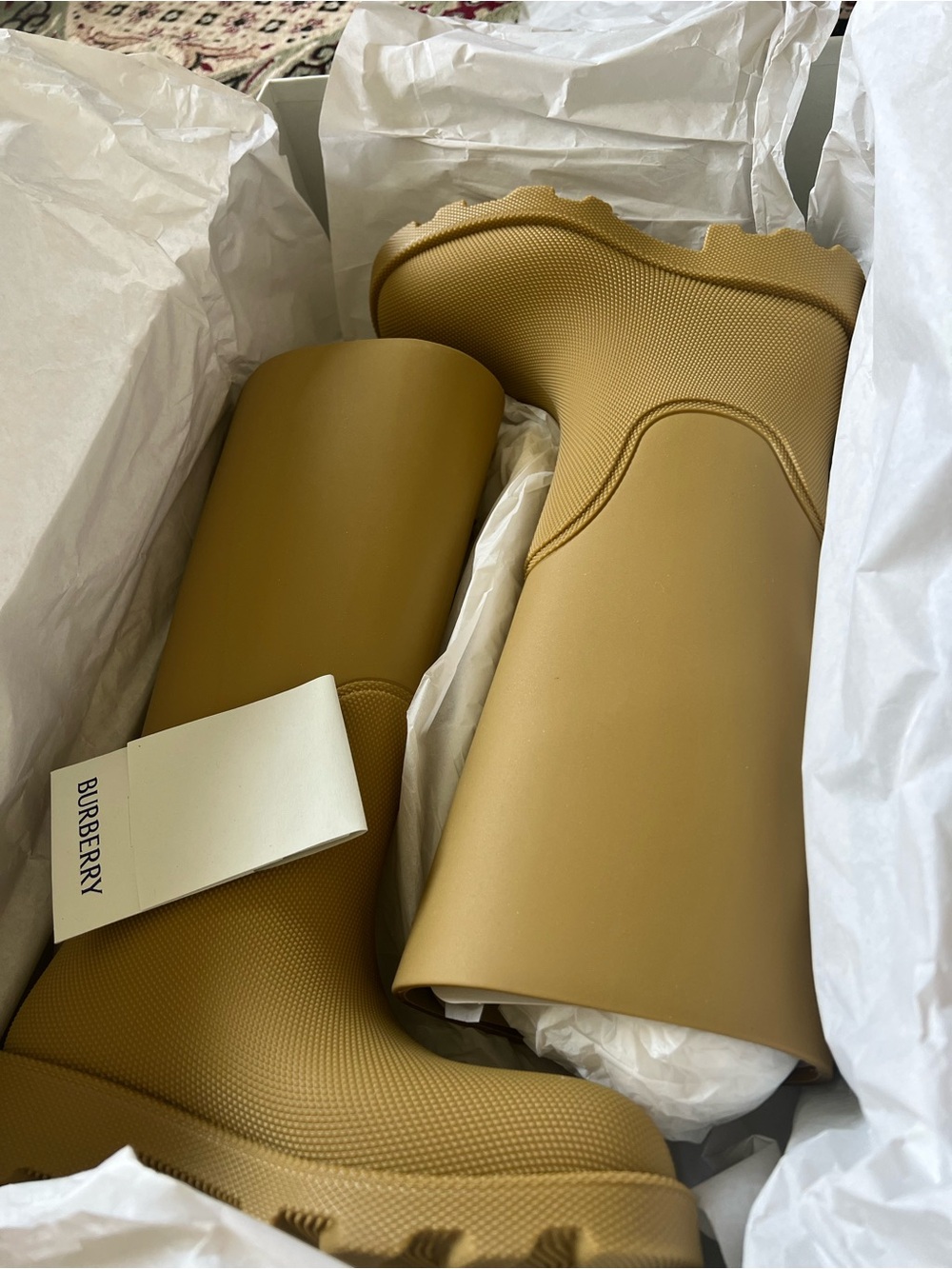 New Burberry rain boots in mustard yellow